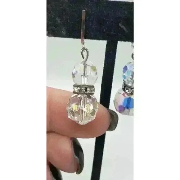 Vtg Earrings Clip Long Dangle Crystal Faceted AB Prism Balls Rhinestone Accent - Picture 6 of 8